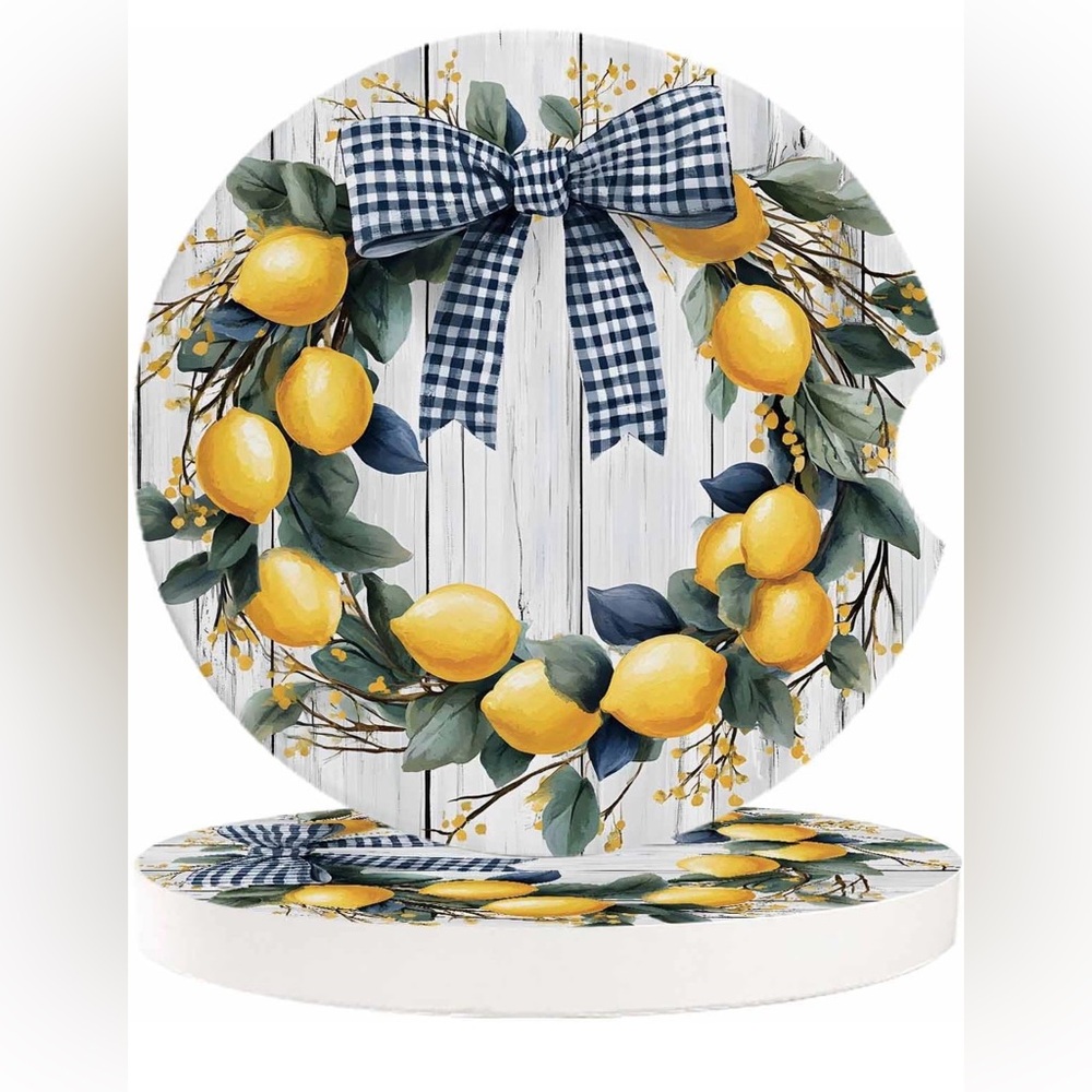 Lemon Leaves Garland Car Cup Holder Coasters Set of 2, Farmhouse Checkered Bow